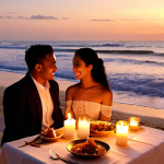 **

> Romantic candlelight dinner on a pristine Bali beach at sunset. Focus on a happy couple, delicious food, and the beautiful ocean view. Soft, warm lighting.

**