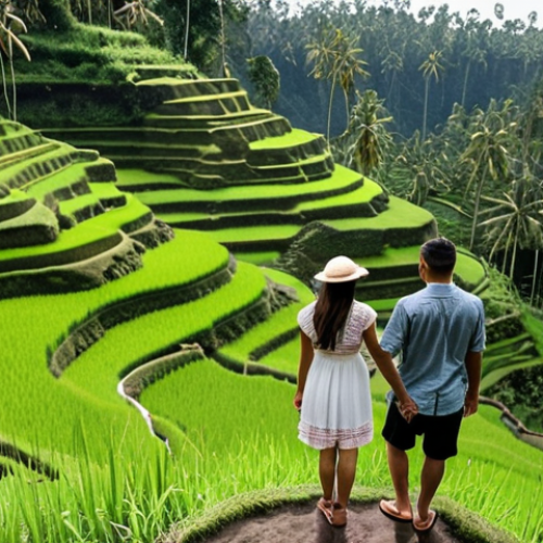 ** A couple holding hands, overlooking the Tegalalang Rice Terraces in Ubud. The rice paddies should be lush green, and the couple should be dressed in comfortable but stylish vacation attire. Emphasize the natural beauty of Bali.

**