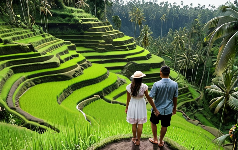 ** A couple holding hands, overlooking the Tegalalang Rice Terraces in Ubud. The rice paddies should be lush green, and the couple should be dressed in comfortable but stylish vacation attire. Emphasize the natural beauty of Bali.

**