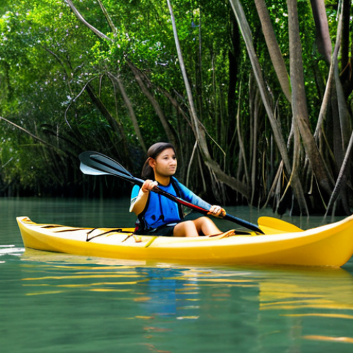 Home 19 Tranquil Kayaking Adventure**
"A young woman, fully clothed in appropriate outdoor gear, kayaking on a calm river through a lush mangrove forest in Krabi, Thailand. The scene is bathed in the soft light of the late afternoon. Perfect anatomy, correct proportions, natural pose. Safe for work, appropriate content, family-friendly, professional photography, high quality."
**