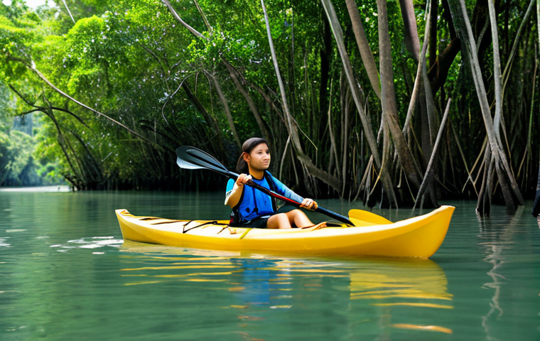 Tranquil Kayaking Adventure**

"A young woman, fully clothed in appropriate outdoor gear, kayaking on a calm river through a lush mangrove forest in Krabi, Thailand. The scene is bathed in the soft light of the late afternoon. Perfect anatomy, correct proportions, natural pose. Safe for work, appropriate content, family-friendly, professional photography, high quality."

**