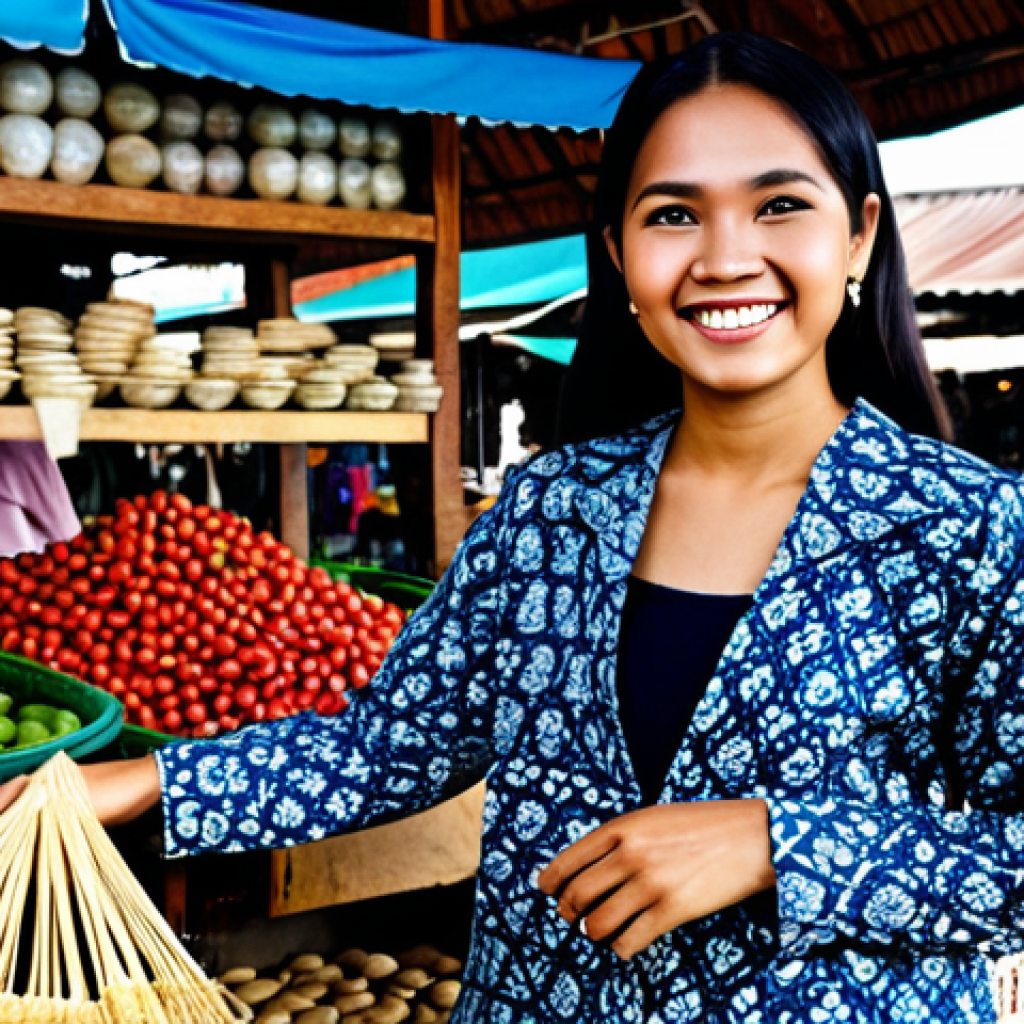 인도네시아의 여행 안전 팁 - **Image:** A friendly Indonesian woman wearing a batik Kebaya (traditional blouse), fully clothed, a...