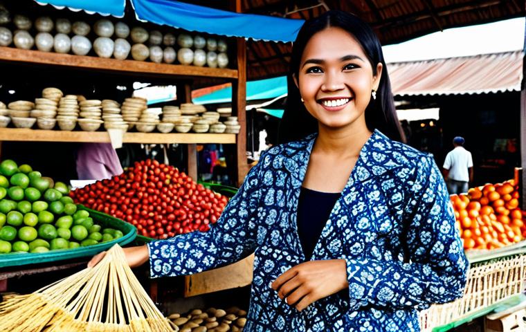 인도네시아의 여행 안전 팁 - **Image:** A friendly Indonesian woman wearing a batik Kebaya (traditional blouse), fully clothed, a...
